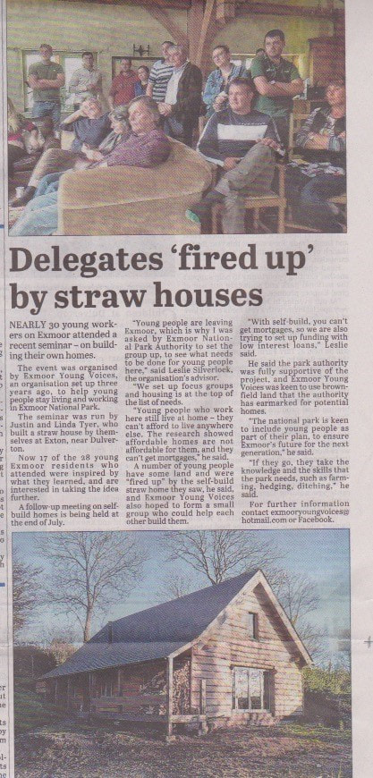 News print article clipping about the Exmoor Young Voices Self-Build seminar.